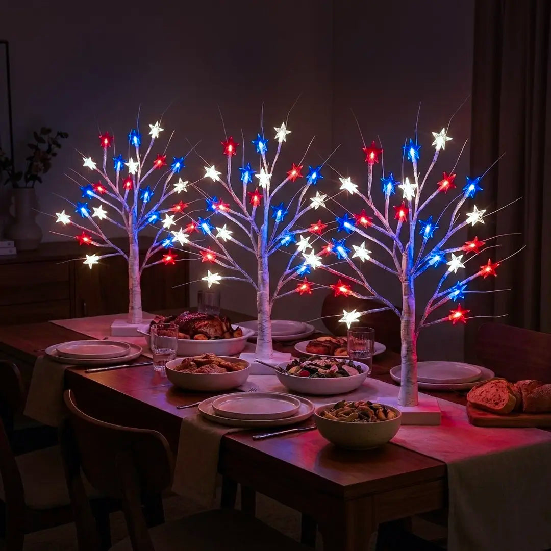 Tabletop Birch Tree Lamp – Red, White and Blue Stars on Lighted Branches
