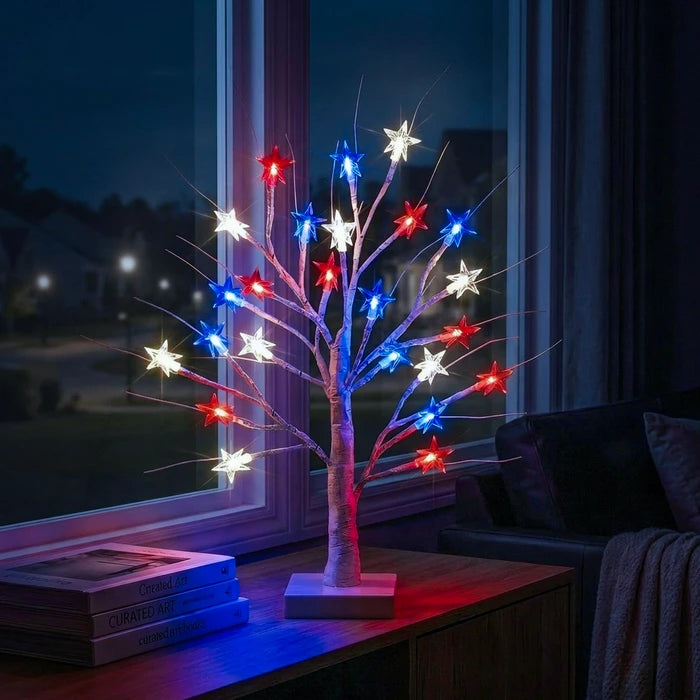 Tabletop Birch Tree Lamp – Red, White and Blue Stars on Lighted Branches