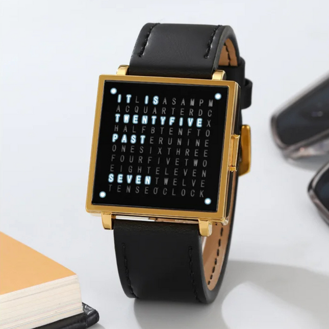 Digital Watch with LED Word Grid Display and Leather Strap for Men and Women 0