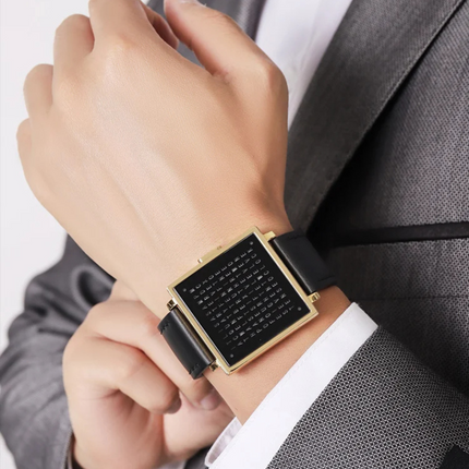 Digital Watch with LED Word Grid Display and Leather Strap for Men and Women 4