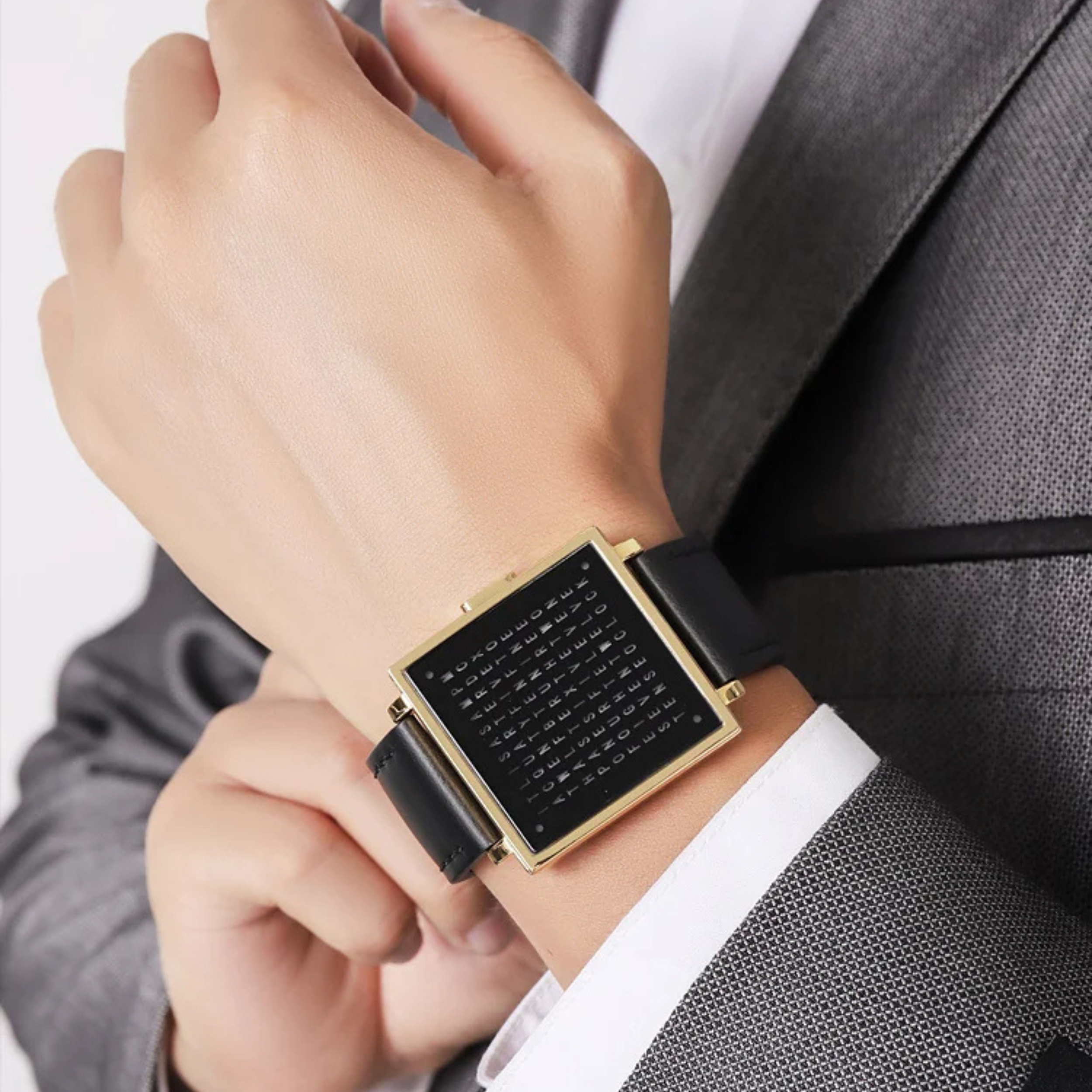 Digital Watch with LED Word Grid Display and Leather Strap for Men and Women 4