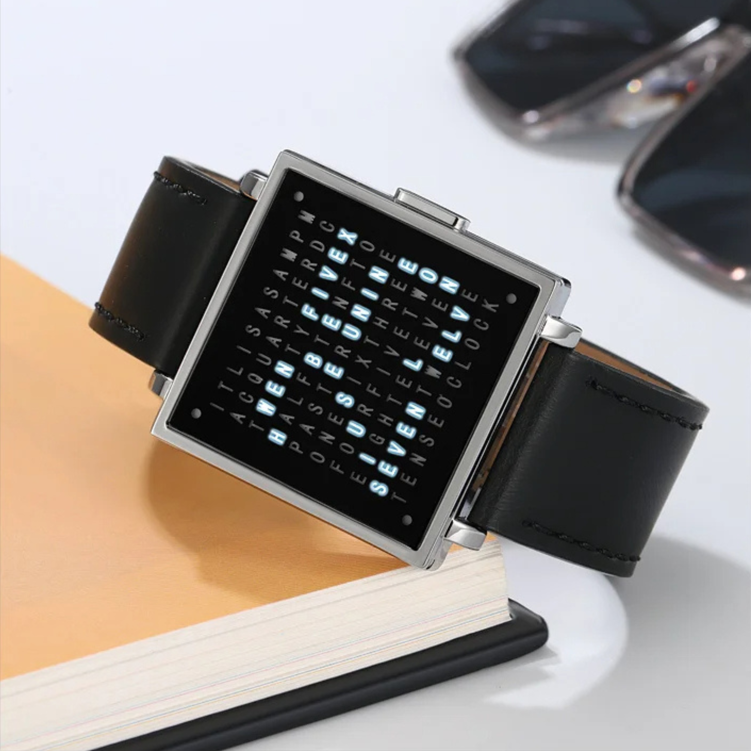 Digital Watch with LED Word Grid Display and Leather Strap for Men and Women 7