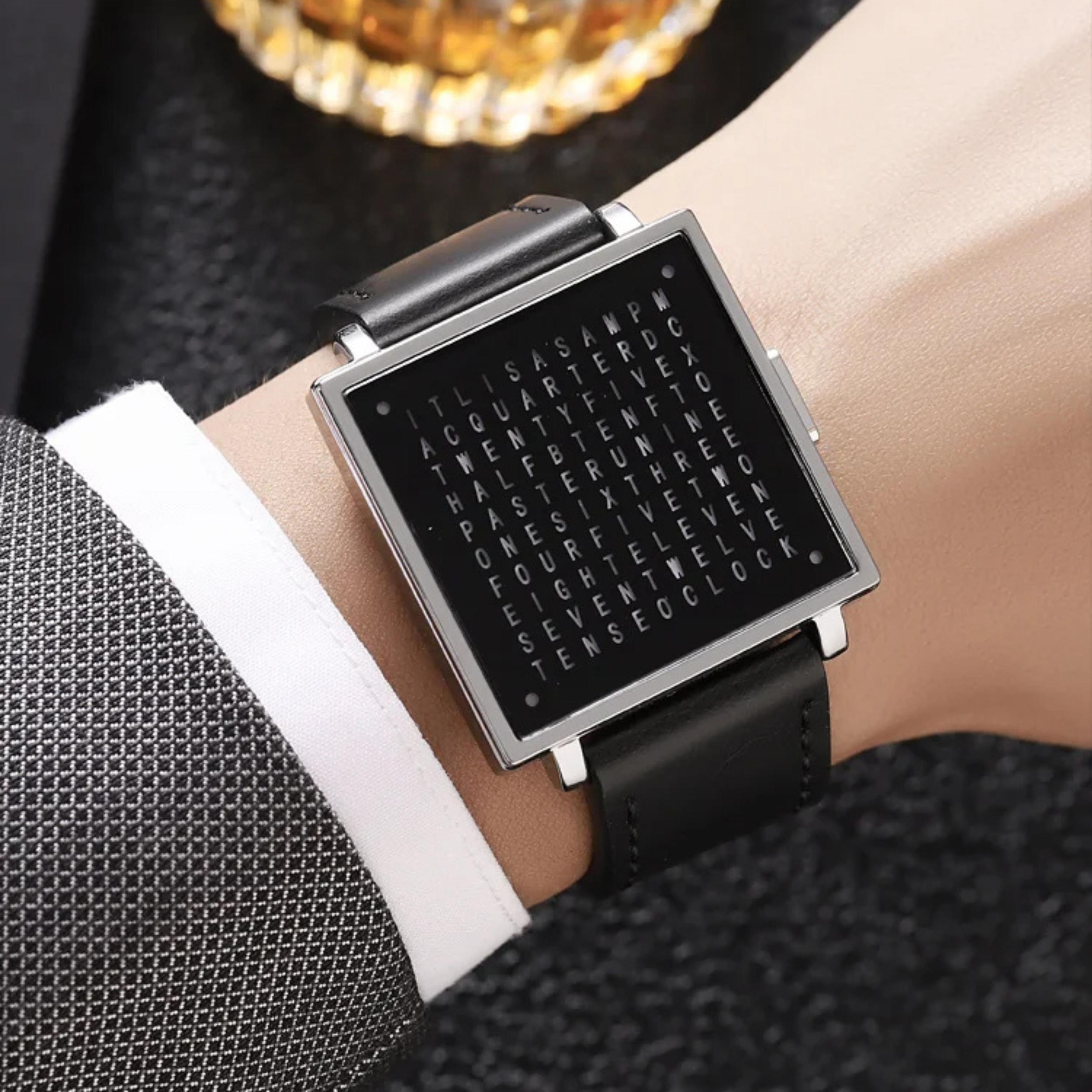 Digital Watch with LED Word Grid Display and Leather Strap for Men and Women 8