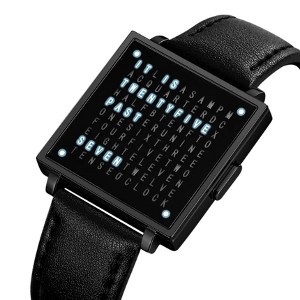 Digital Watch with LED Word Grid Display and Leather Strap for Men and Women 9