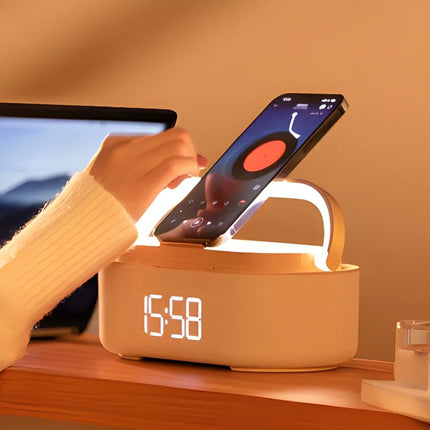 5-in-1 Wireless Charging Station – 15W Fast Charging, Clock Display, Speaker & Ambient Light