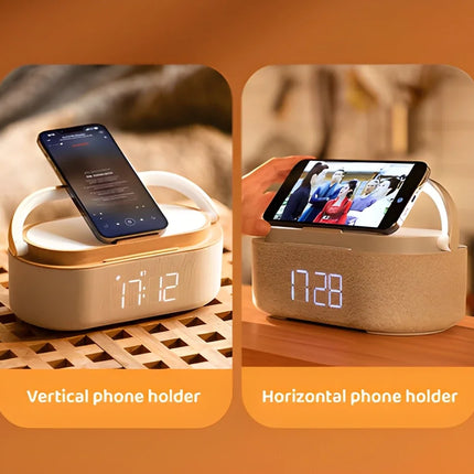 5-in-1 Wireless Charging Station – 15W Fast Charging, Clock Display, Speaker & Ambient Light