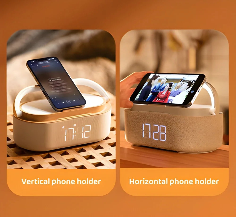 5-in-1 Wireless Charging Station – 15W Fast Charging, Clock Display, Speaker & Ambient Light