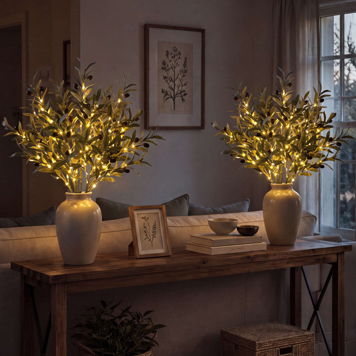 Lighted Olive Branch – Artificial Olive Stems with Built-In Warm Light for Vases