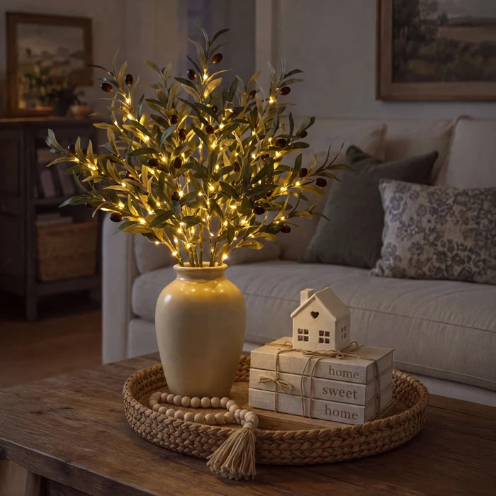 Lighted Olive Branch – Artificial Olive Stems with Built-In Warm Light for Vases
