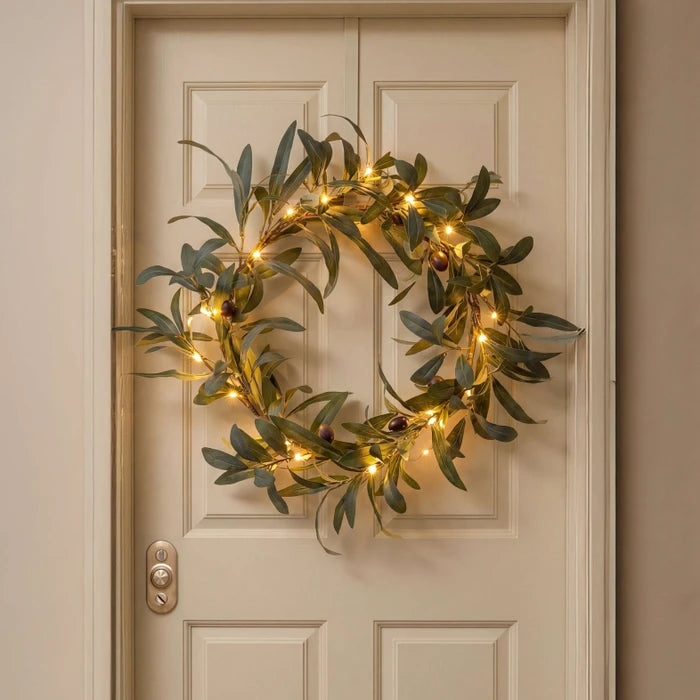 Lighted Olive Wreath – Round Olive Leaf Wreath with Warm Fairy Lights for Doors