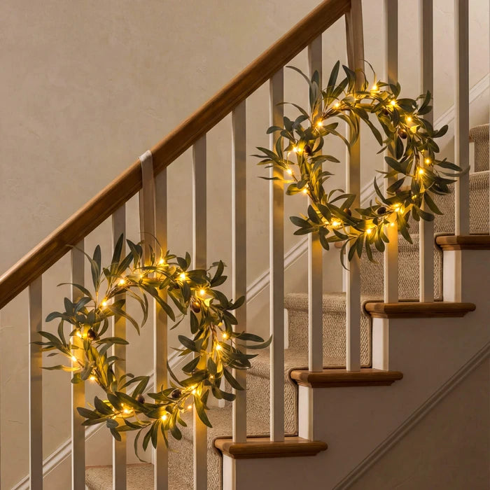 Lighted Olive Wreath – Round Olive Leaf Wreath with Warm Fairy Lights for Doors