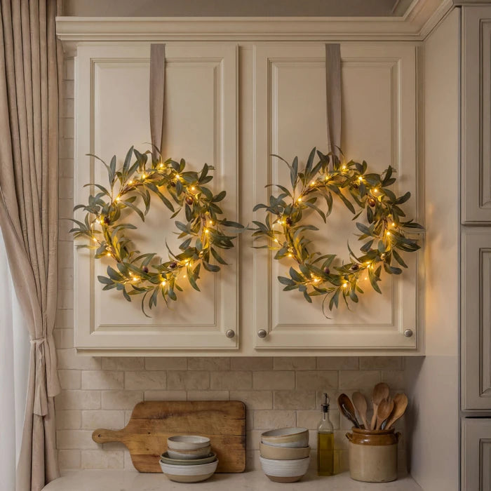 Lighted Olive Wreath – Round Olive Leaf Wreath with Warm Fairy Lights for Doors
