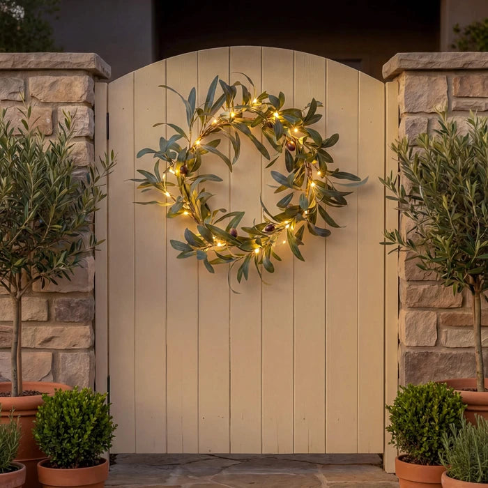 Lighted Olive Wreath – Round Olive Leaf Wreath with Warm Fairy Lights for Doors