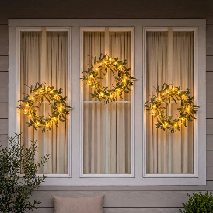 Lighted Olive Wreath – Round Olive Leaf Wreath with Warm Fairy Lights for Doors
