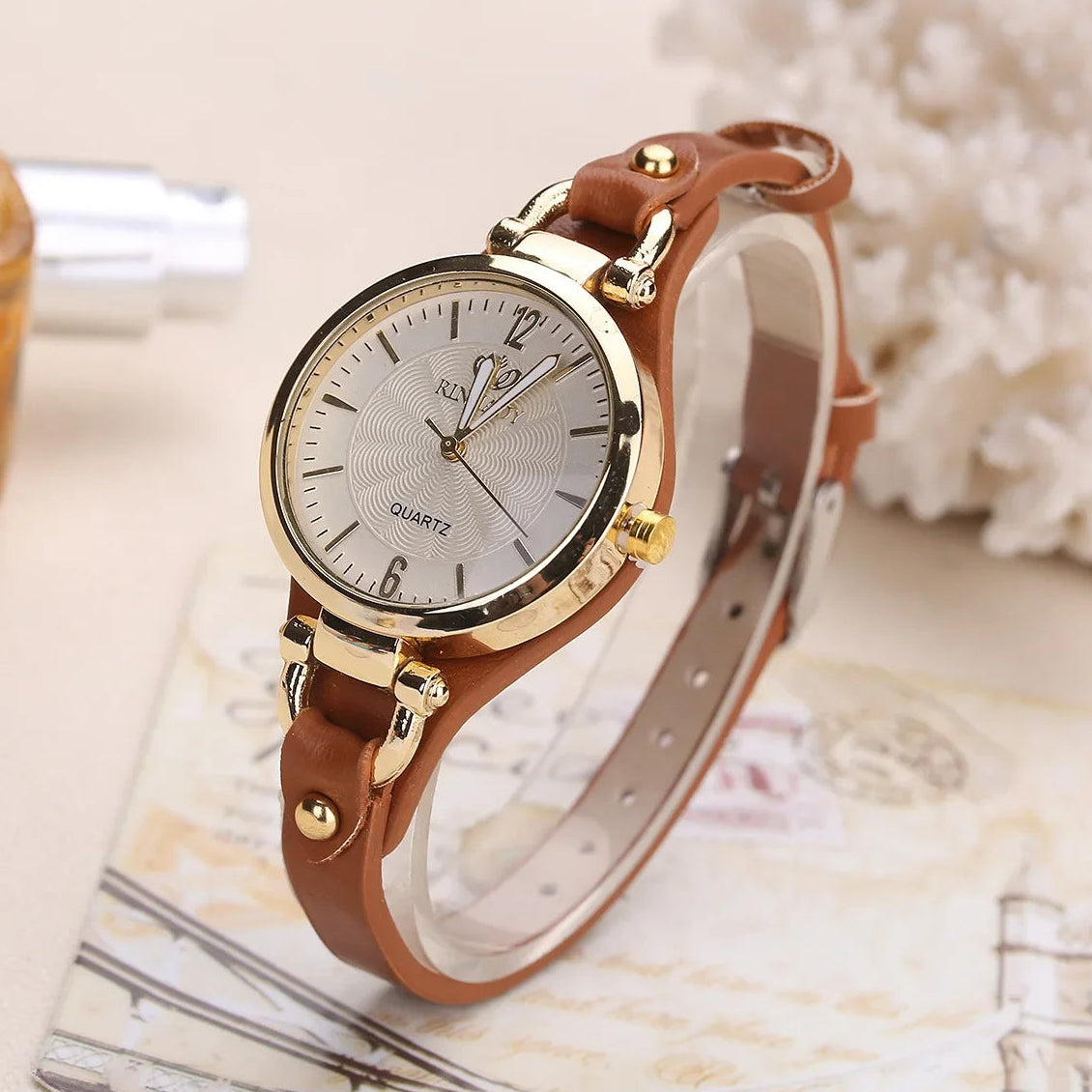 Elegant Quartz Watch with Gold-Plated Bezel and Vegan Leather Strap 0