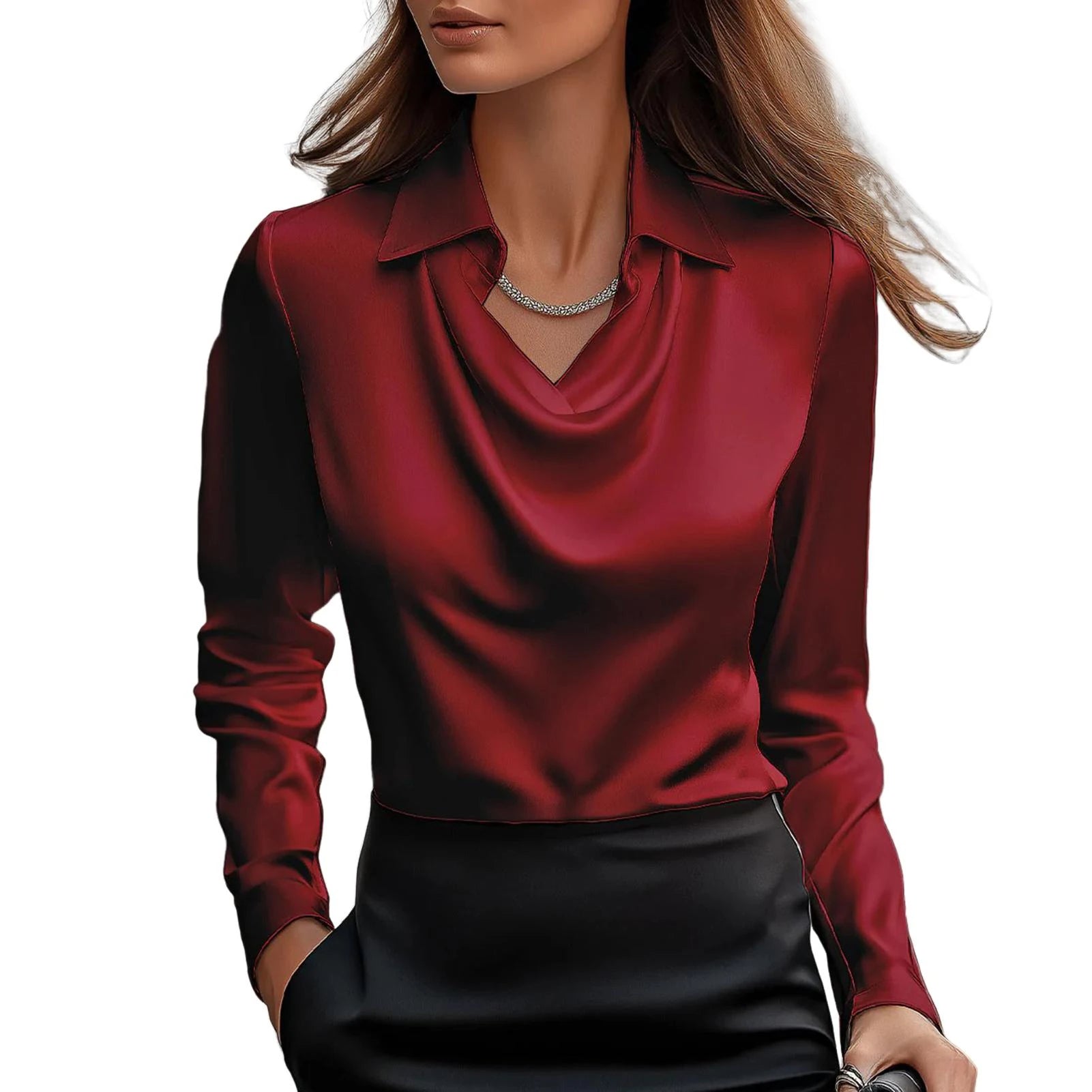 Elegant Satin Blouse with Draped Cowl Neckline and Swing Collar, Lightweight Silk-Cotton Blend 4
