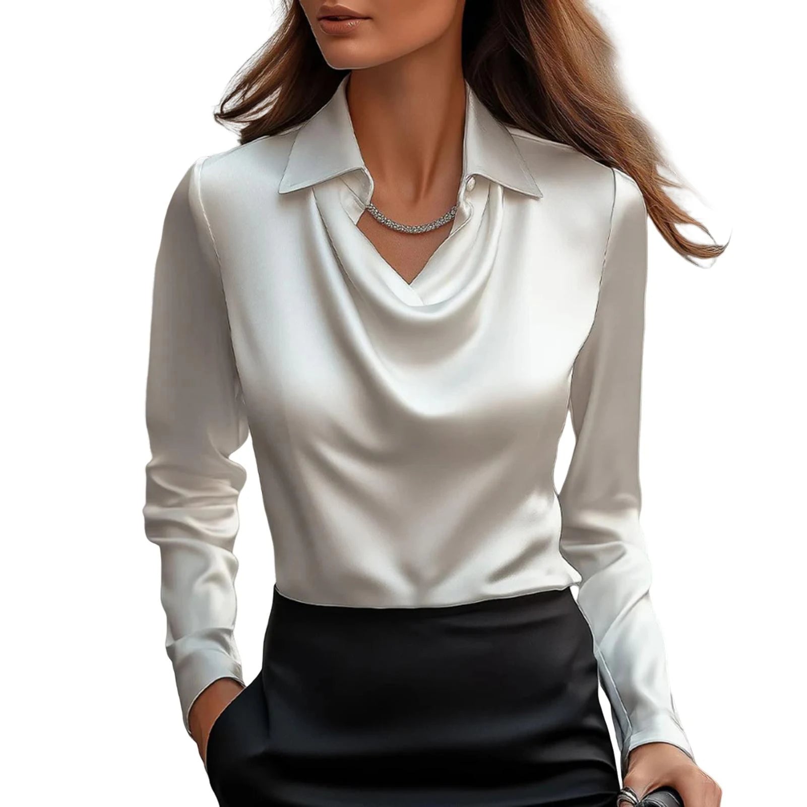 Elegant Satin Blouse with Draped Cowl Neckline and Swing Collar, Lightweight Silk-Cotton Blend 7