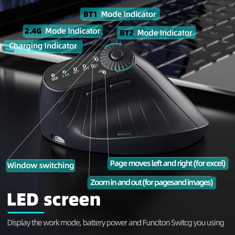Souris verticale sans fil – Bluetooth 5.1, DPI réglable à 2400 et design rechargeable USB-C
