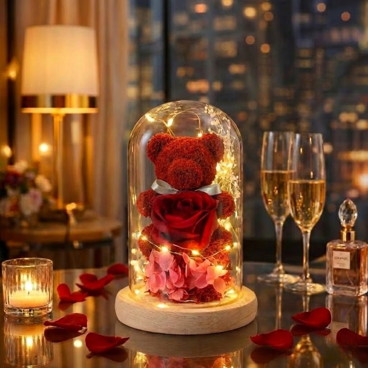 Eternal Rose Bear in Glass Dome with Lights - Romantic Anniversary Gift for Her, Preserved Red Forever Rose, Enchanted Teddy Bear Lamp Gift by Kouvr 0