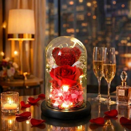 Eternal Rose Bear in Glass Dome with Lights - Romantic Anniversary Gift for Her, Preserved Red Forever Rose, Enchanted Teddy Bear Lamp Gift by Kouvr 1
