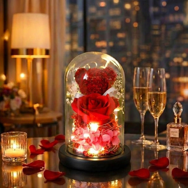 Eternal Rose Bear in Glass Dome with Lights - Romantic Anniversary Gift for Her, Preserved Red Forever Rose, Enchanted Teddy Bear Lamp Gift by Kouvr 1