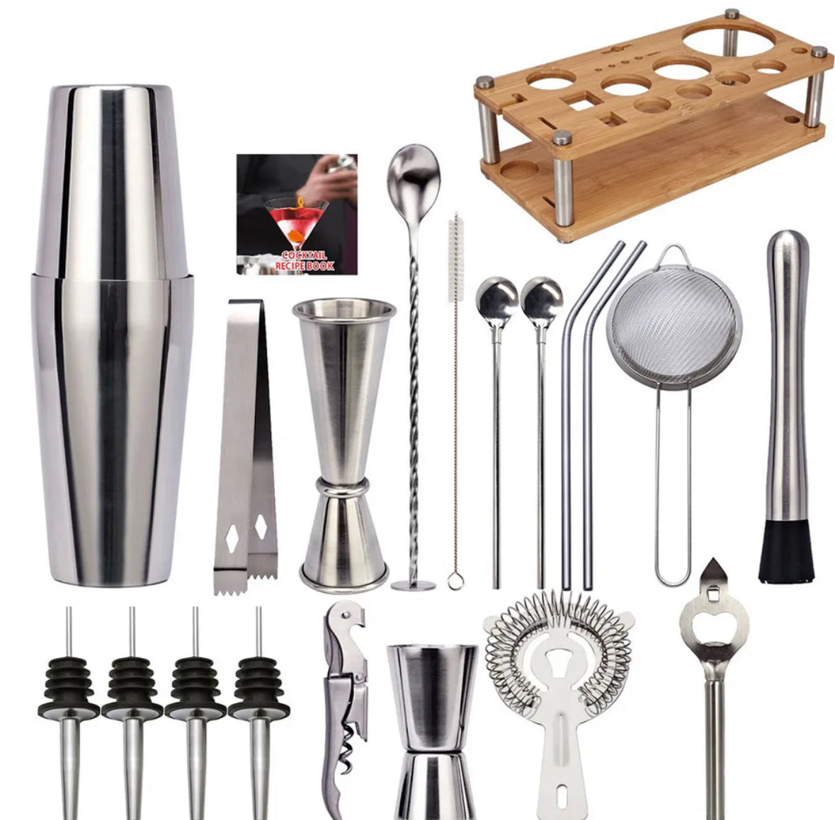 Set de barman 23 pièces – Outils professionnels pour cocktails avec capacité de 350 à 750 ml et construction durable