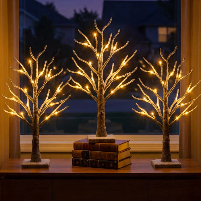 Snow-Frosted Tabletop Tree Lamp – Warm Twinkling Lights on Snowy Branches