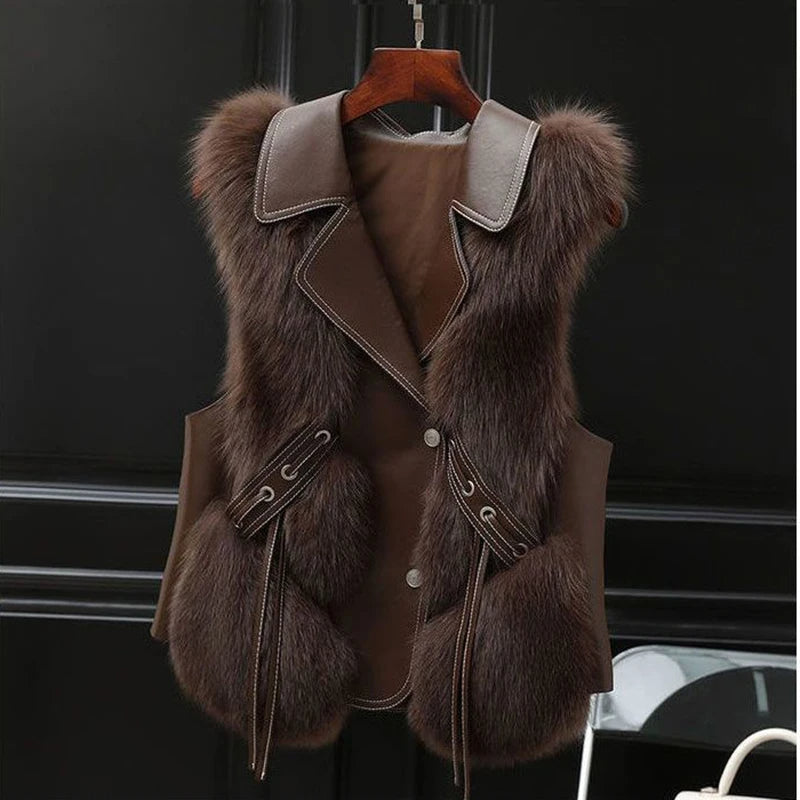 Faux Fur Vest voor Dames met Oversized Lapel en Verstelbare Taillebanden 5