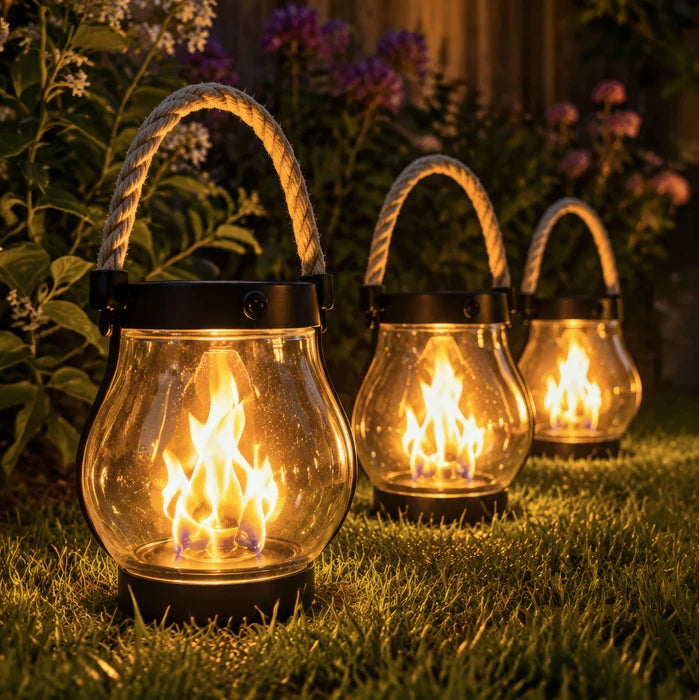 Solar Flame Lantern – Clear Lantern with Flickering Light and Hemp Rope Handle