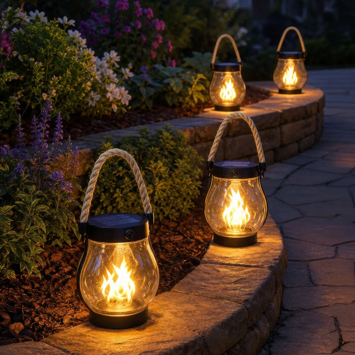 Solar Flame Lantern – Clear Lantern with Flickering Light and Hemp Rope Handle