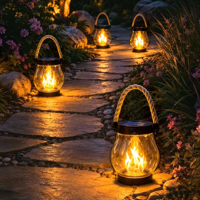 Solar Flame Lantern – Clear Lantern with Flickering Light and Hemp Rope Handle