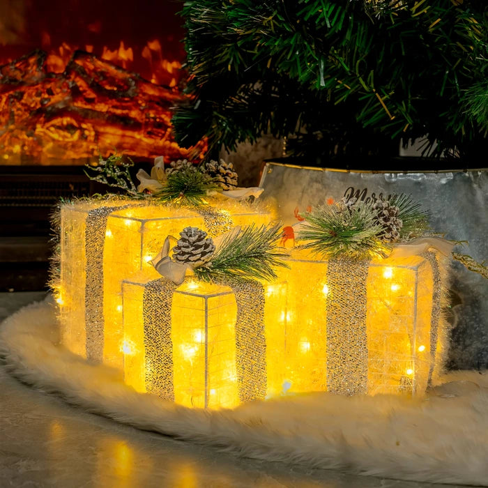 Lighted Christmas Gift Box Set – Glowing Boxes With Pinecones and Greenery