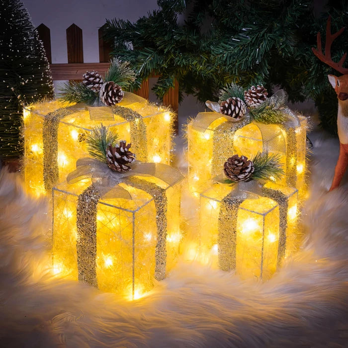 Lighted Christmas Gift Box Set – Glowing Boxes With Pinecones and Greenery