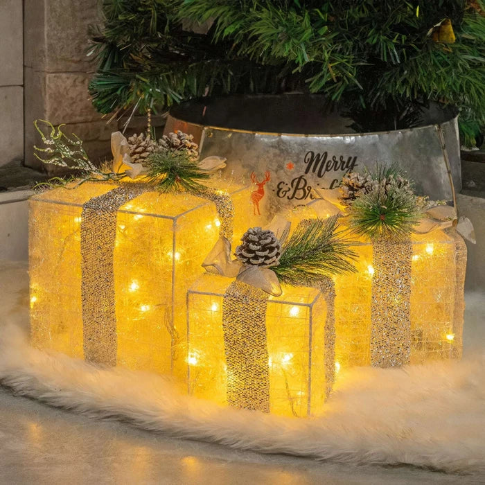 Lighted Christmas Gift Box Set – Glowing Boxes With Pinecones and Greenery