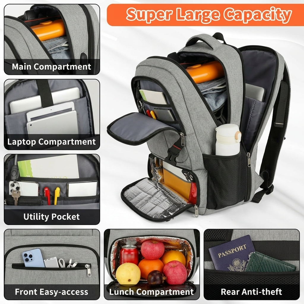 Laptop Backpack with Lunch Compartment – 17.3-Inch Travel Bag with USB Port