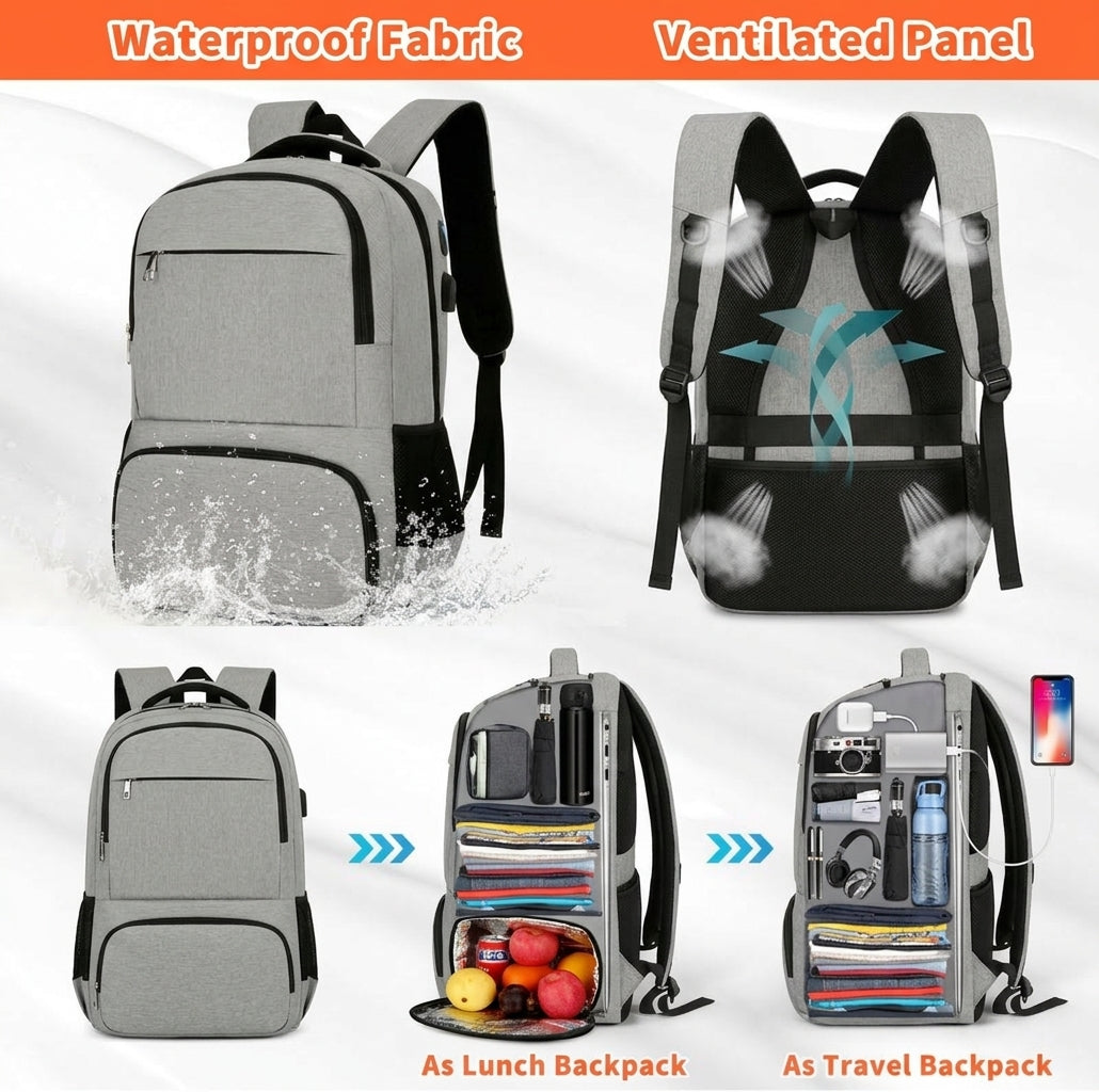 Laptop Backpack with Lunch Compartment – 17.3-Inch Travel Bag with USB Port