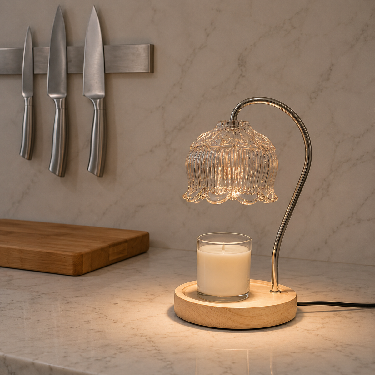 Glass Candle Warmer Lamp with Dimmable LED and Wood Base for Cozy Home Fragrance 2
