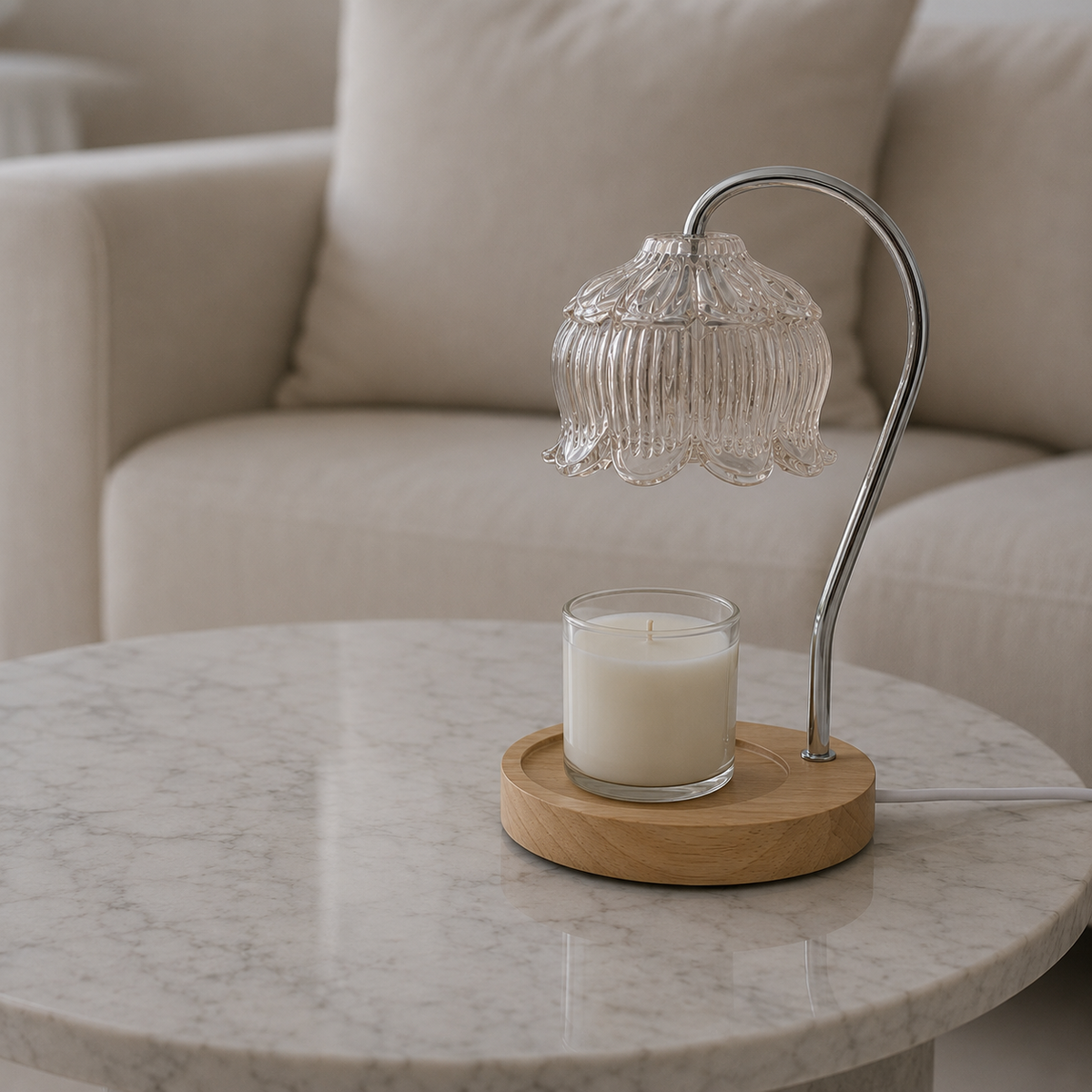 Glass Candle Warmer Lamp with Dimmable LED and Wood Base for Cozy Home Fragrance 3