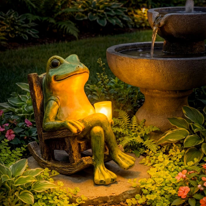 Glowing Frog Garden Statue – Frog Figure Holding an Illuminated Cup