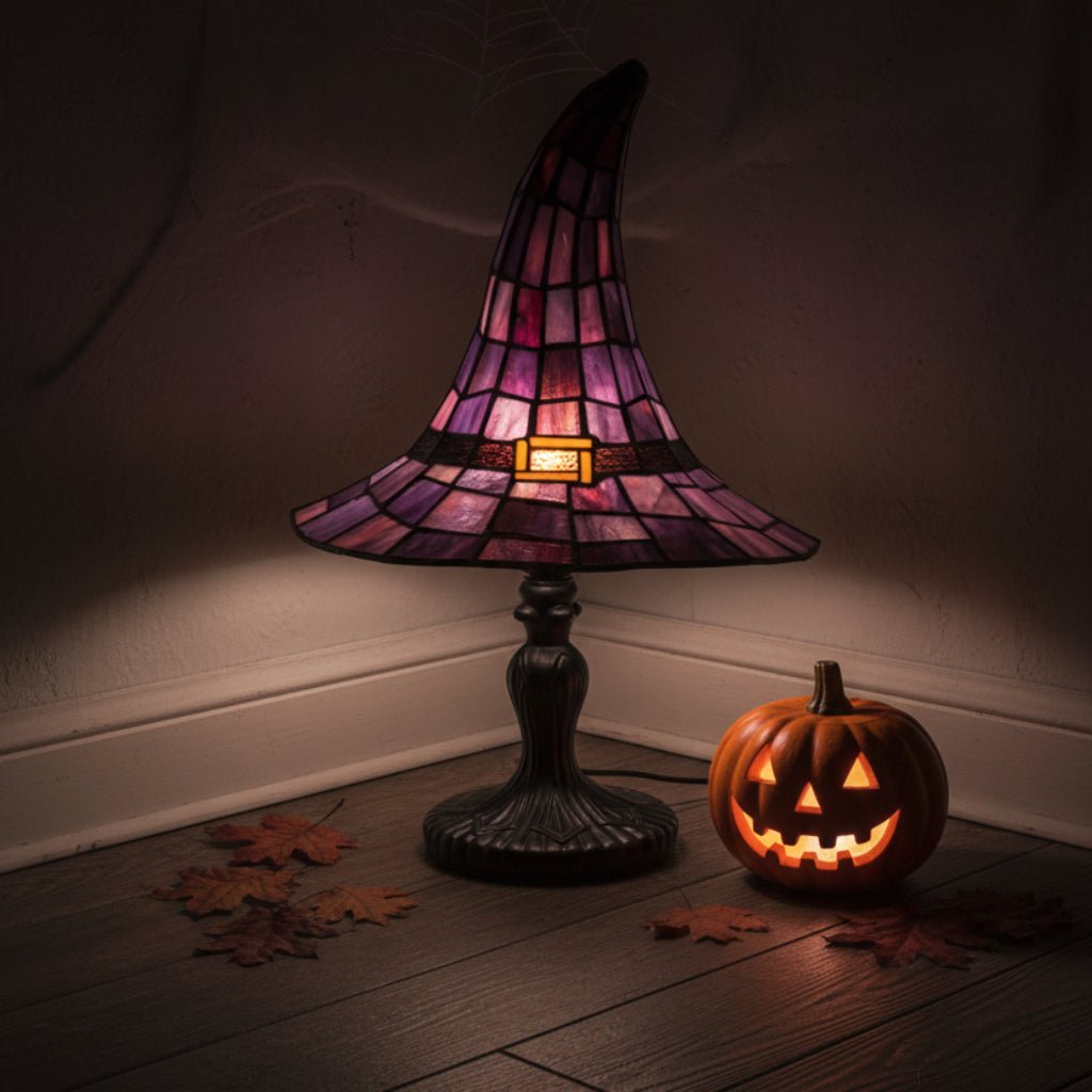 Gothic Accent Lamp with USB Power – Wizard Hat Design for Halloween Decor – Stained Glass Tabletop Light 0
