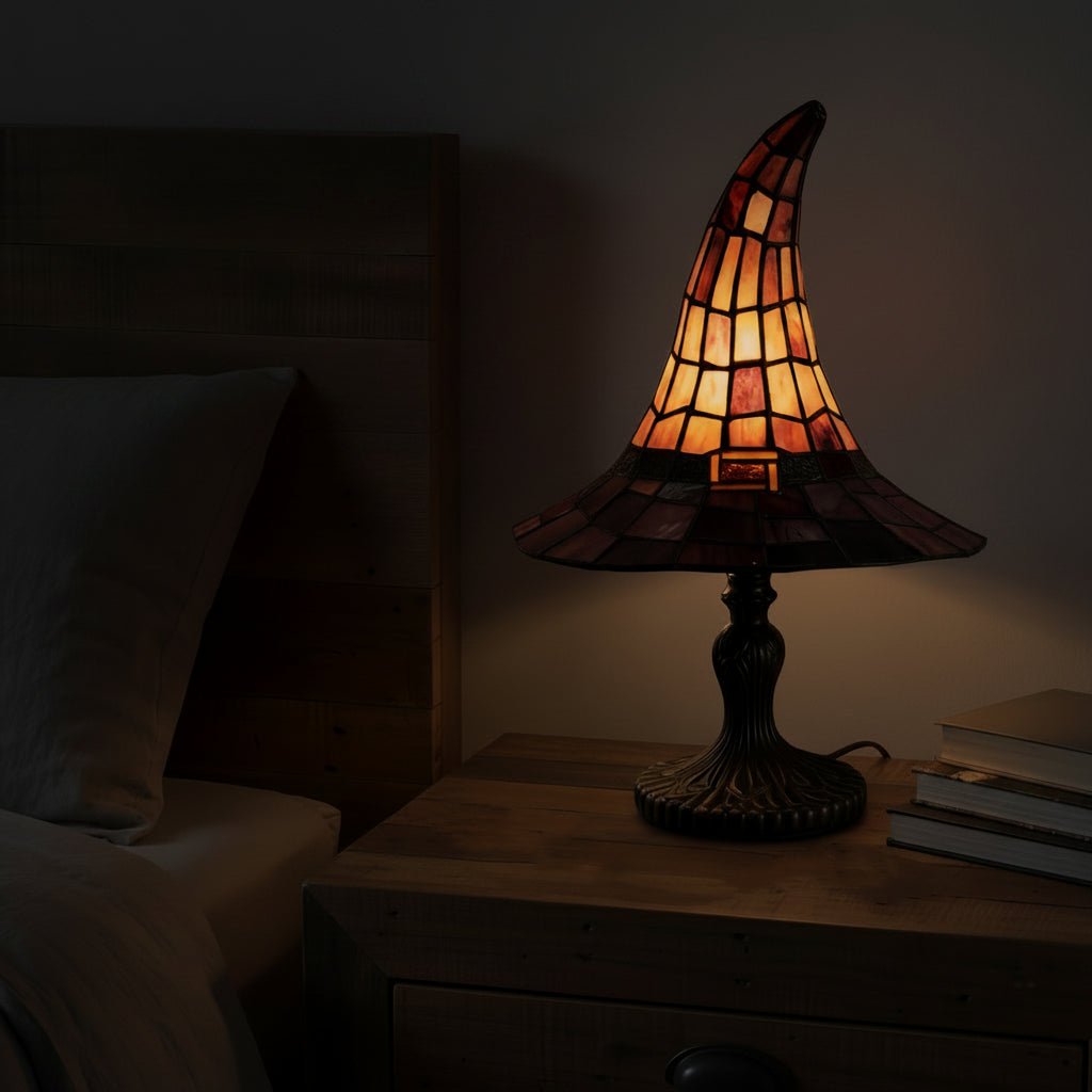 Gothic Accent Lamp with USB Power – Wizard Hat Design for Halloween Decor – Stained Glass Tabletop Light 5