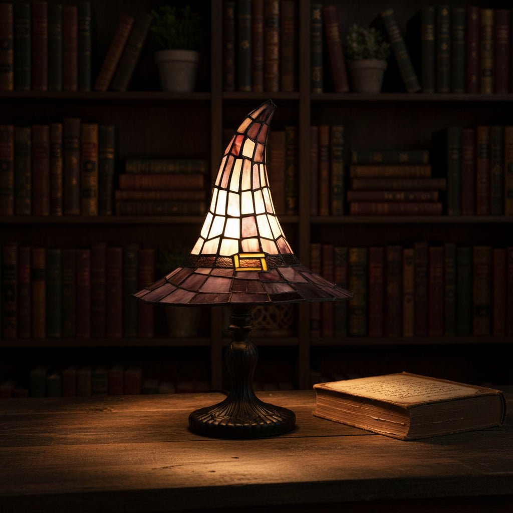 Gothic Accent Lamp with USB Power – Wizard Hat Design for Halloween Decor – Stained Glass Tabletop Light 6