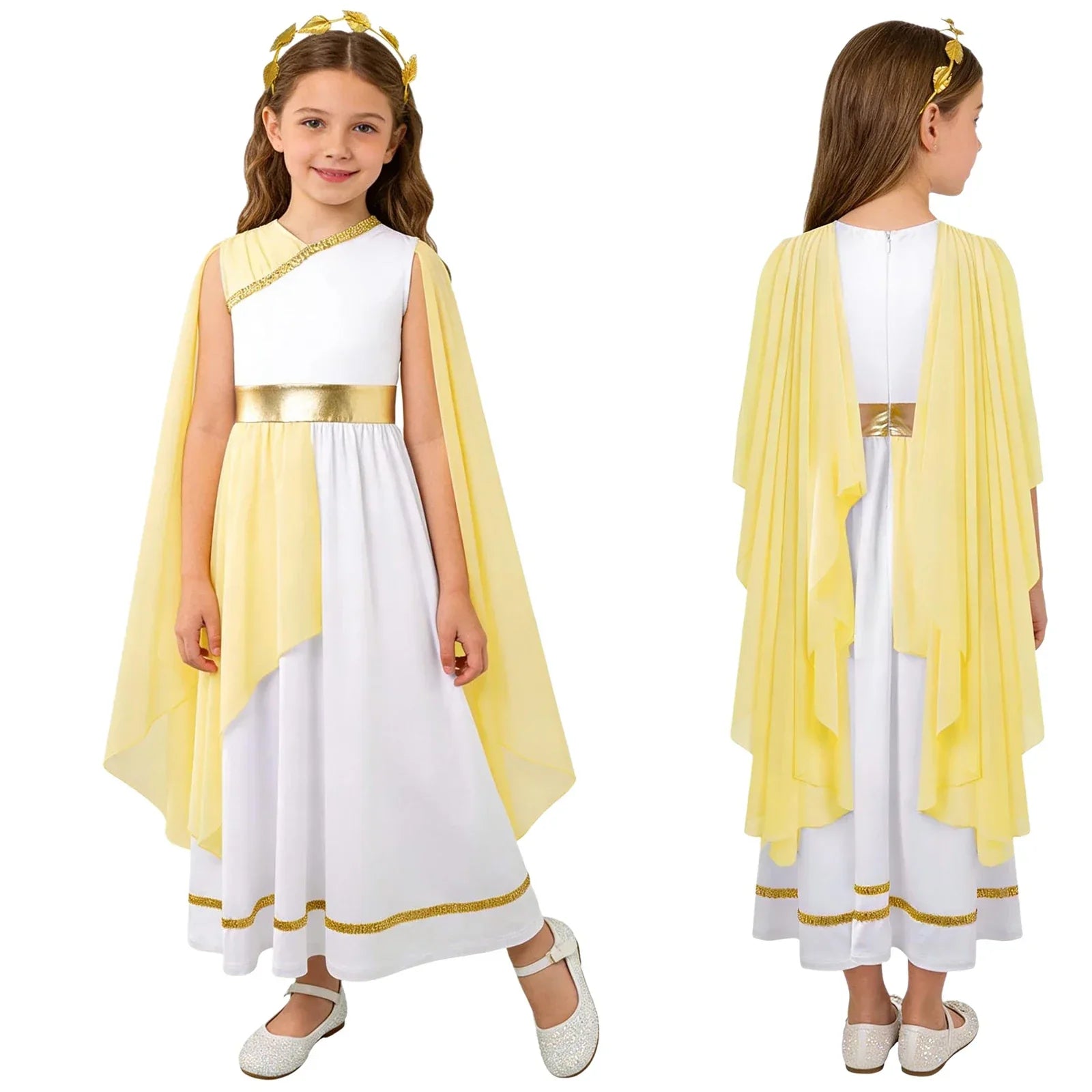 Grieks-Romeins Athena Godin Kostuum voor Meisjes met Gouden Accenten en Toga 7