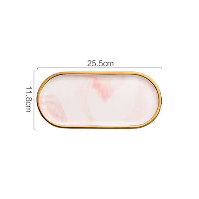 Oval Ceramic Tray with Glossy Marble-Effect Finish for Stylish Everyday Storage Use