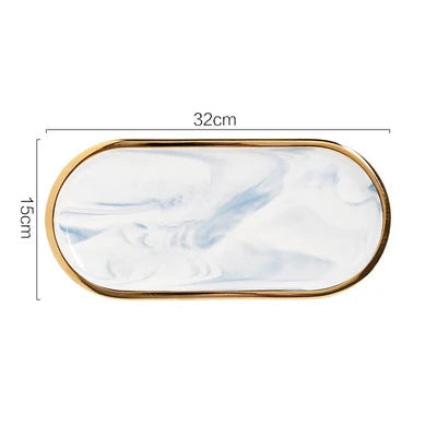 Oval Ceramic Tray with Glossy Marble-Effect Finish for Stylish Everyday Storage Use