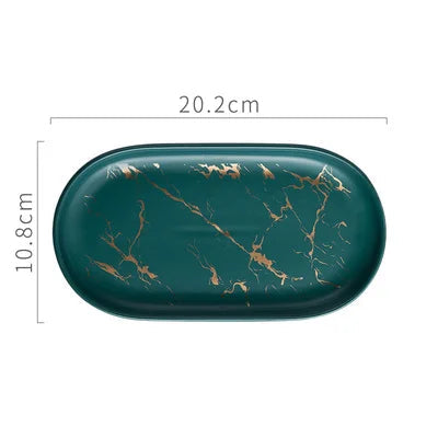 Oval Ceramic Tray with Glossy Marble-Effect Finish for Stylish Everyday Storage Use