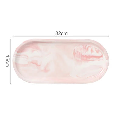 Oval Ceramic Tray with Glossy Marble-Effect Finish for Stylish Everyday Storage Use