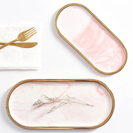 Oval Ceramic Tray with Glossy Marble-Effect Finish for Stylish Everyday Storage Use