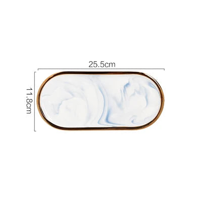 Oval Ceramic Tray with Glossy Marble-Effect Finish for Stylish Everyday Storage Use