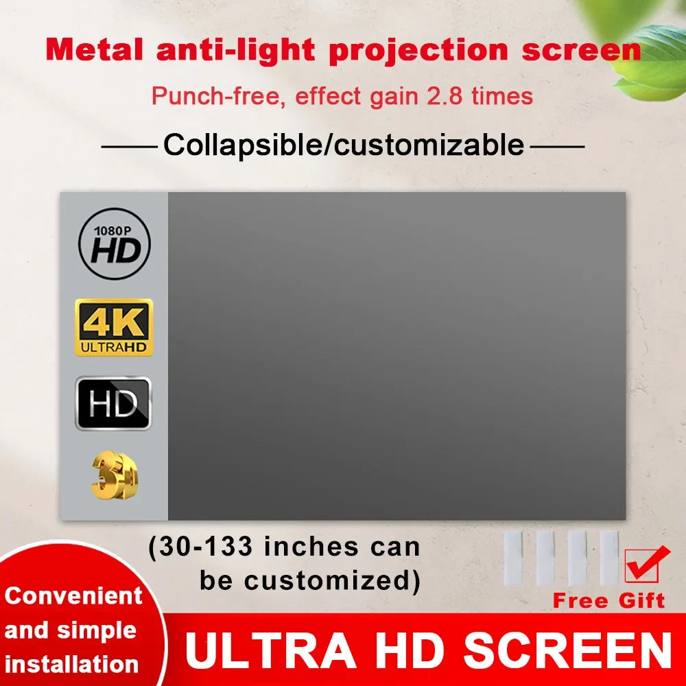Portable Projector Screen High Brightness 16:9 Metal Anti Light Curtain 84 100 120 133 150 Inches Home Outdoor Office 4K VestraGear